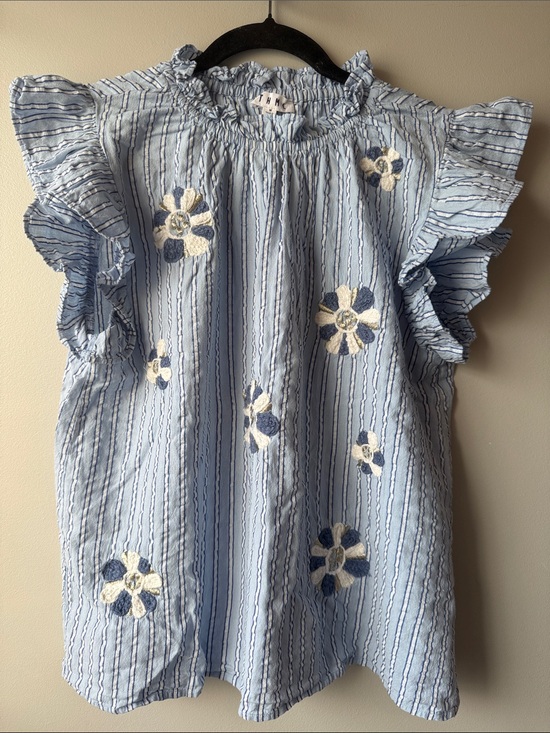 THML Tops - THML Light Blue Striped Floral embroidered Ruffle flutter Sleeve Top M